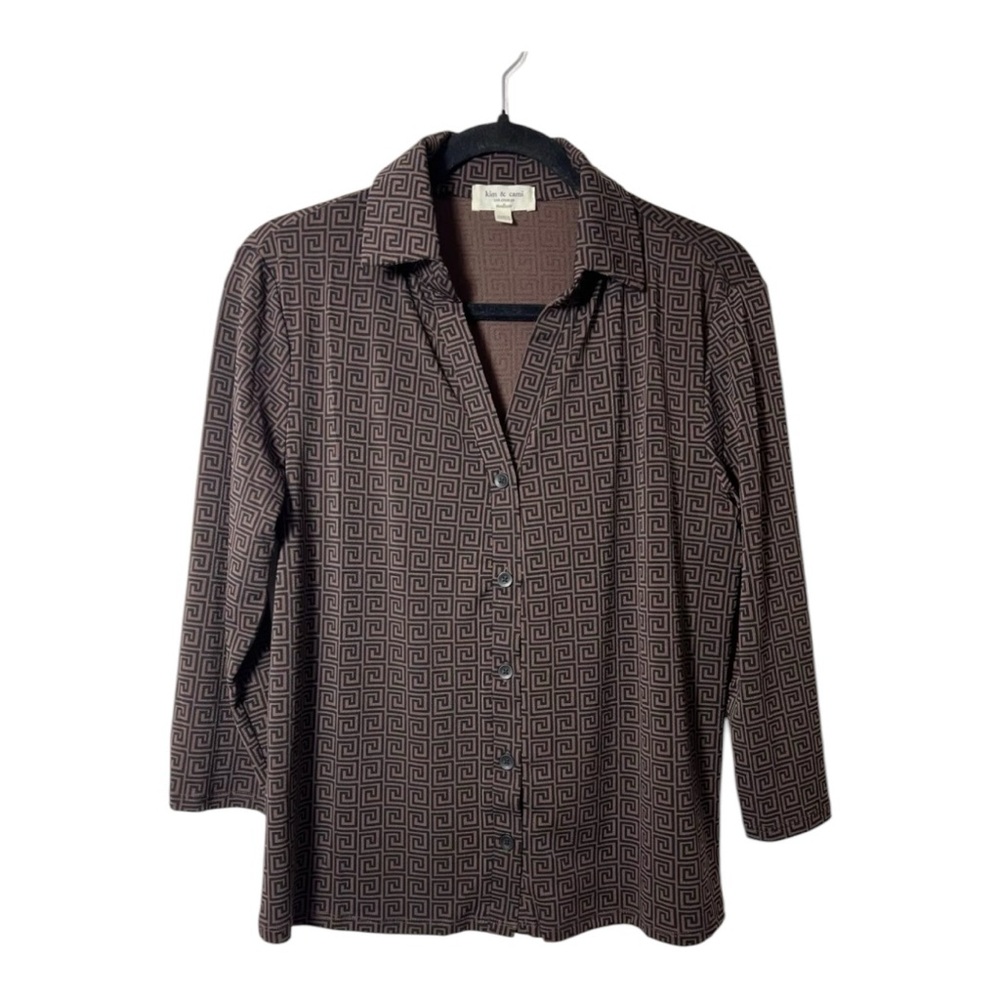 Kim & Cami Medium Brown Geometric Pattern Button-Up Shirt Blouse Long Sleeves